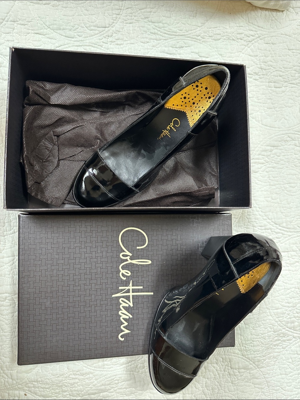 Cole Haan Black Patent Leather Slingback Low Block Heels